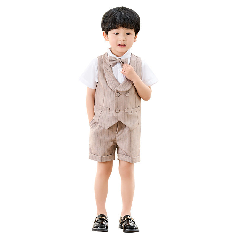 2026新款男童礼服春夏条纹马甲西装短袖背带裤套装儿童六一钢琴主