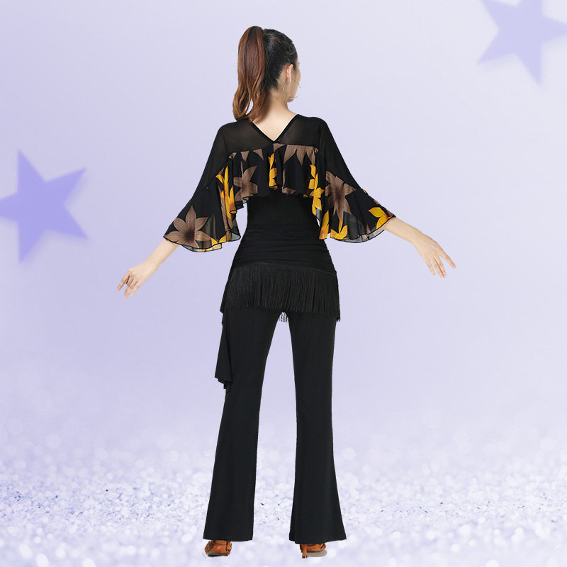 2026新款吉特巴舞上衣女枫叶荷叶边衣摩登舞练功服专业拉丁舞服中