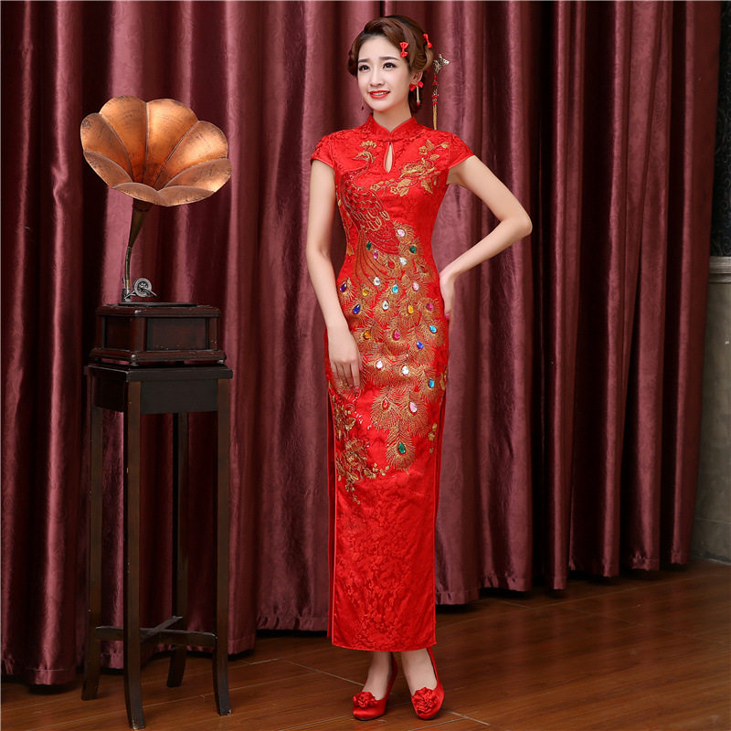 2026新款迎宾礼仪旗袍女改良走秀演出长款红色修身敬酒服新娘结婚