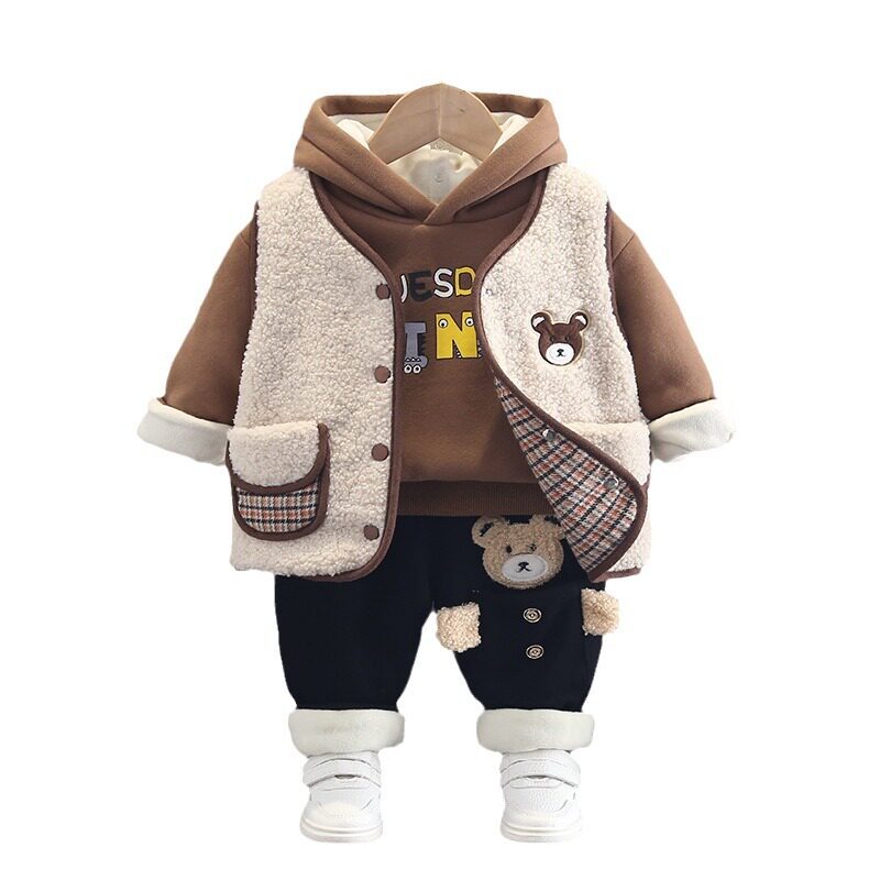 2026新款男童冬装加厚毛毛衣外套加绒卫衣三件套宝宝冬季上衣