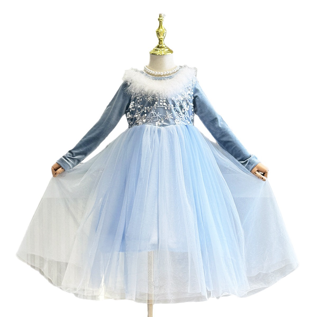 2026新款女童秋季新品丝绒网纱公主裙女孩生日礼服蓝色亮片羽毛蓬