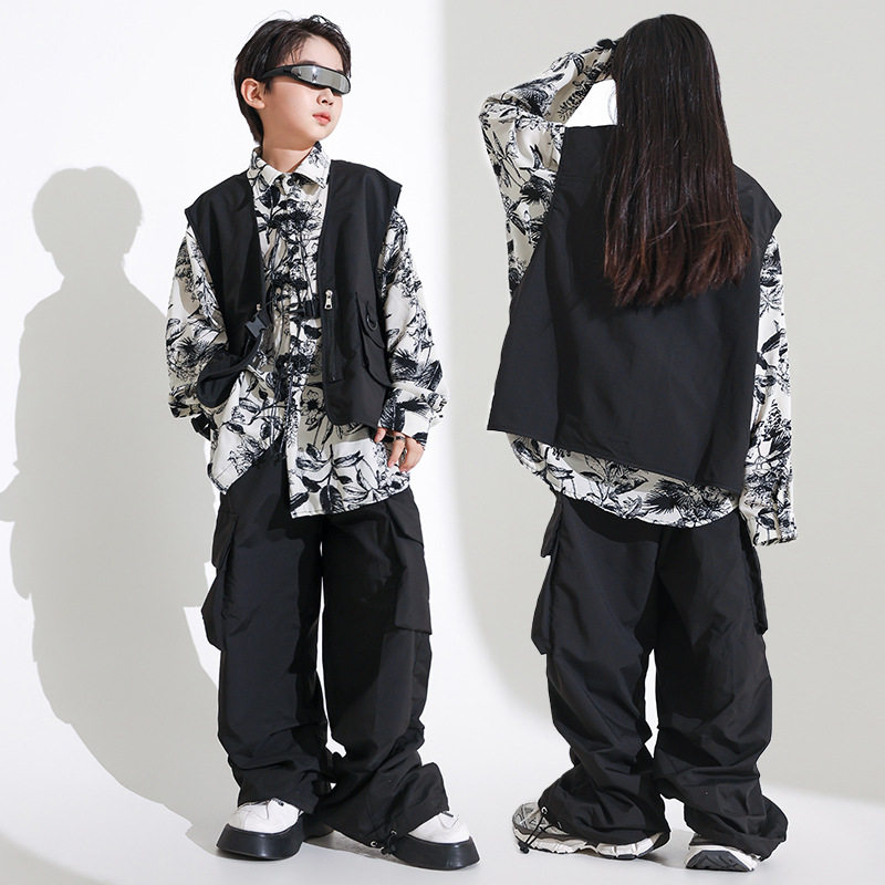 2026新款街舞儿童潮服酷帅男童嘻哈树叶衬衫牛仔马甲套装hiph