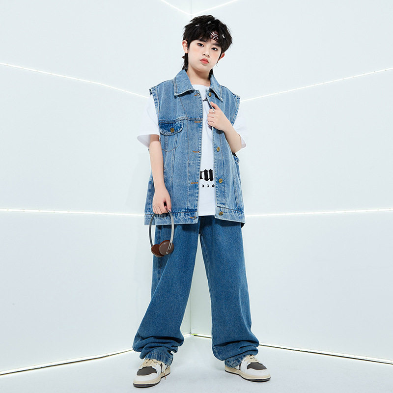 2026新款儿童街舞套装hiphop潮服男童嘻哈牛仔马甲演出服爵