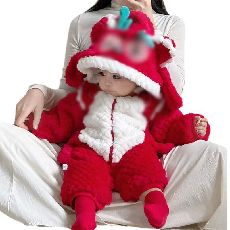 2025新款婴儿冬季连体衣加绒加厚毛毛衣男女宝宝超萌红色喜庆