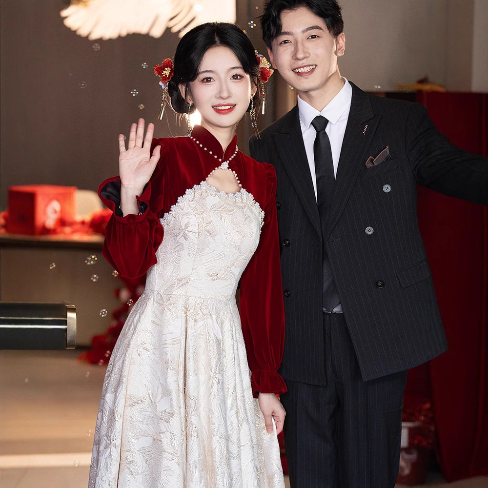 2026新款新中式敬酒服长袖订婚旗袍礼服裙女结婚婚服新娘便装礼服