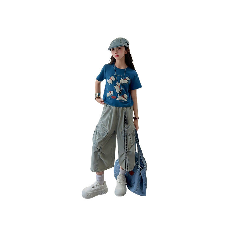 2026新款女童夏装短袖套装中大童薄款夏季女孩洋气牛仔短裤两件套