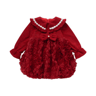 2025新款女童冬天红色连衣裙新年中国风小公主玫瑰花长袖蓬蓬