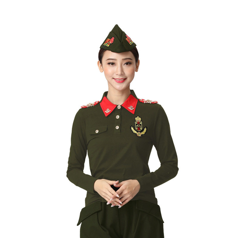 2026新款春季水兵舞红色长袖T恤翻领水兵舞服装全新套装长袖t恤