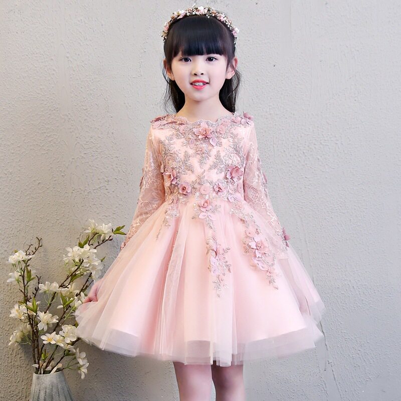 2026新款女童走秀晚礼服长袖公主裙粉色儿童婚纱蓬蓬纱花童钢琴演