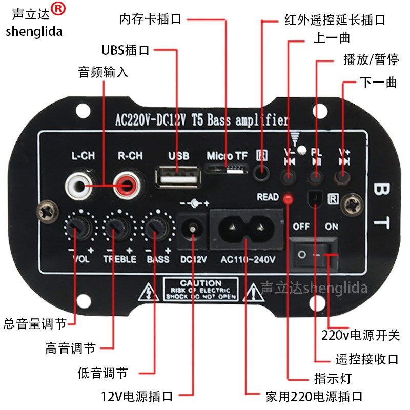 5寸车载低音炮蓝牙功放板小车12v家用220v音箱主板高清音质功放器