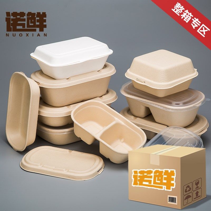 一次性长方形纸浆餐盒饭盒快餐打包盒商用带盖轻食环保可降解整箱
