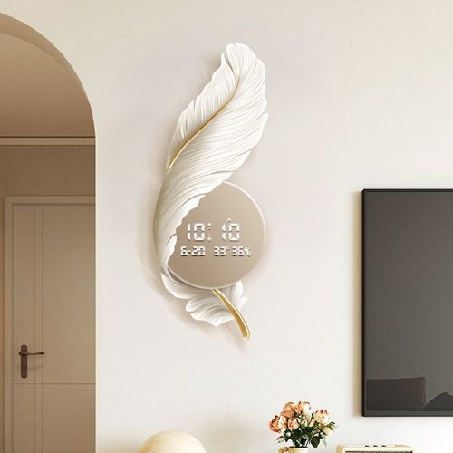 奶油风客厅挂钟2024新款羽毛数显万年历电子时钟挂画竖版创意钟表
