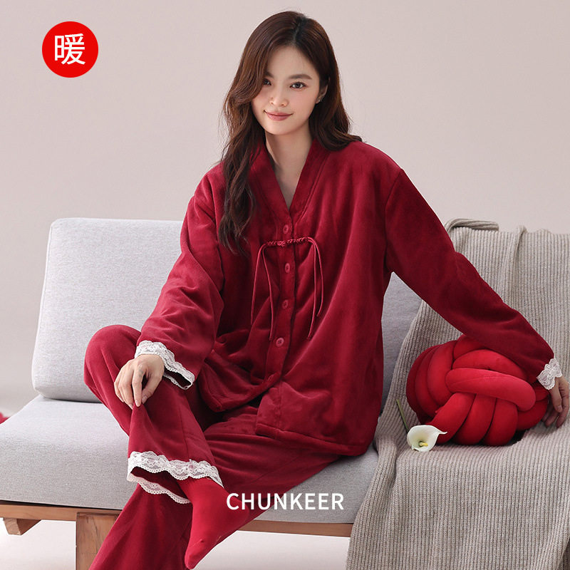 红色睡衣女款秋冬季法兰绒新婚结婚加厚保暖喜庆本命年家居服套装