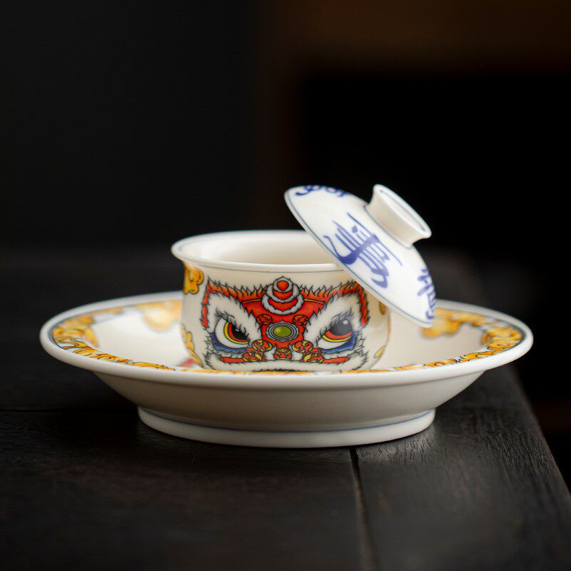 醒狮旋转漂移布袋盖碗茶杯礼盒套装年货国潮送礼春节非遗礼品定制
