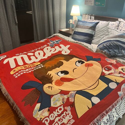 不二家Milky明治娃娃卡通风格毛毯装饰毯涤纶加棉毯机洗轻柔水洗