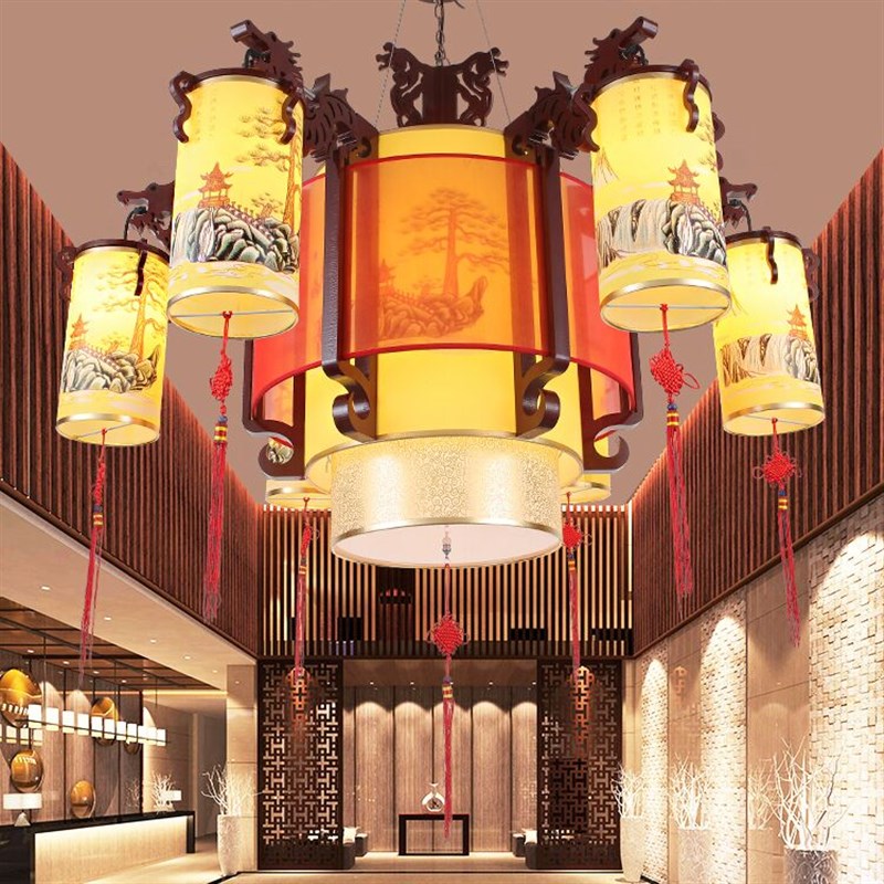 中式大吊灯 实木仿古霸气羊皮灯具饭店工程酒店别墅大堂客厅吊灯