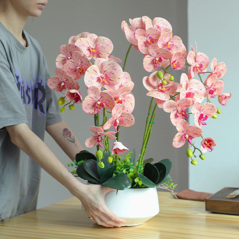 高档蝴蝶兰仿真花大盆PU手感花艺摆件客厅茶几电视柜摆设假花装饰