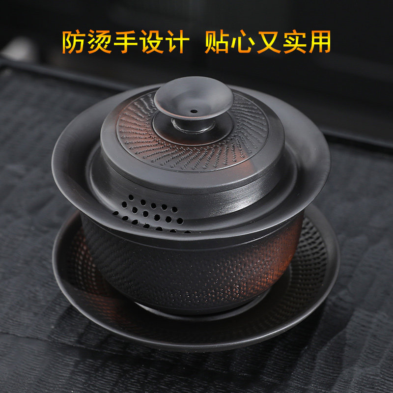 防烫紫陶盖碗套装三才泡茶壶三炮台茶杯带盖单个高档功夫茶具茶碗