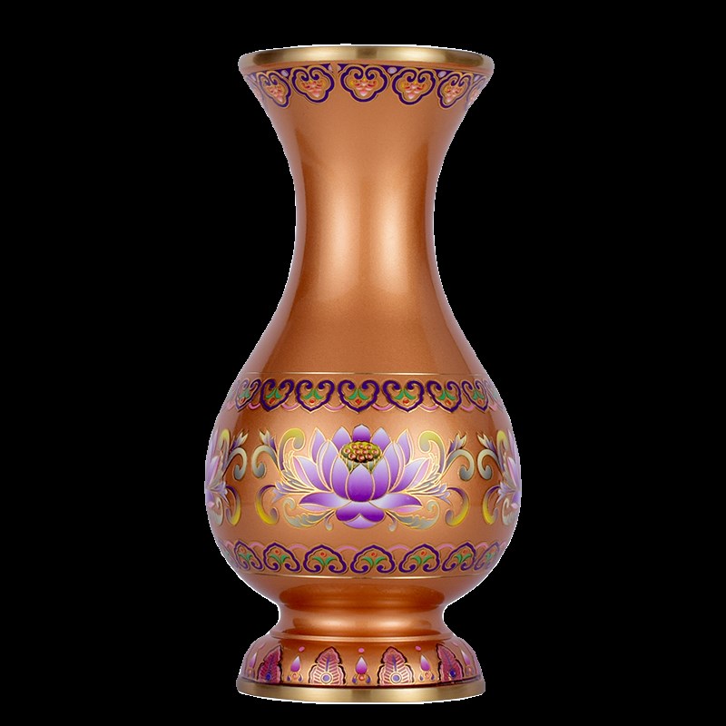 佛堂摆件瓶供奉佛前家用拉丝花绘铜彩纯花插花器花盆黄铜室内仿古