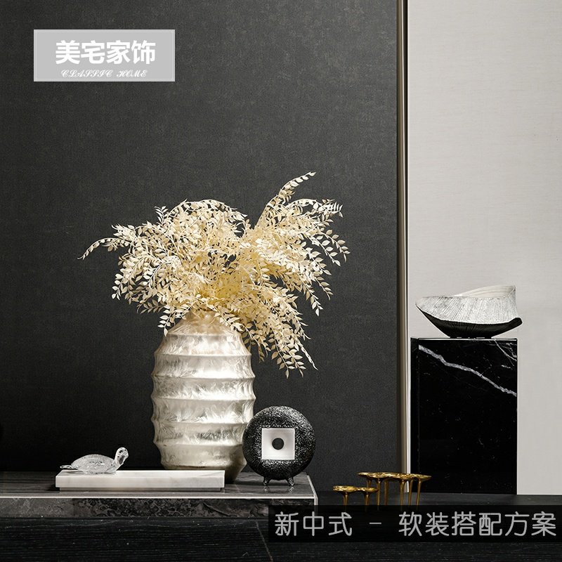 中式样板间书房桌面创意大理石托盘金属烛台陶罐花瓶摆件软装搭配