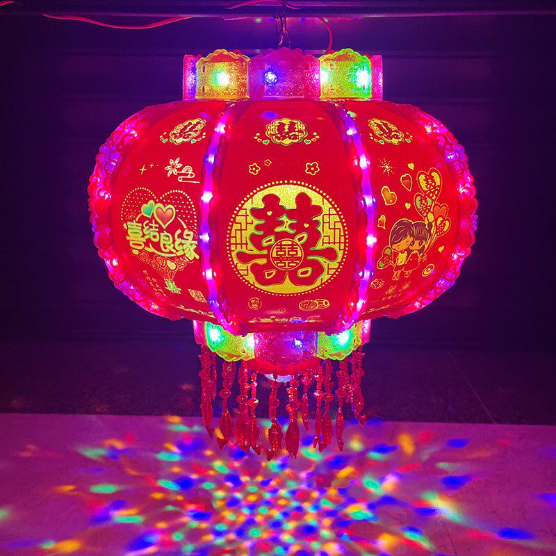 结婚新款led流水灯旋转福字喜字婚庆 大红灯笼款七彩旋转走马灯笼
