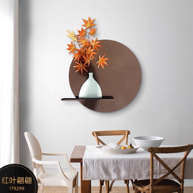 立体砂岩画餐厅装饰画仿真绿植饭厅挂画奶油风圆形客厅背景墙壁画