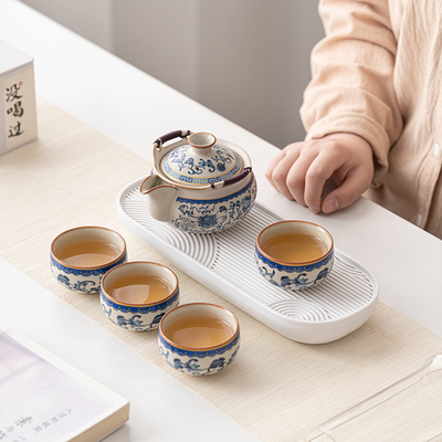 汝窑青花一壶两杯功夫茶具小型套装陶瓷茶壶茶盘一两人喝茶泡茶器