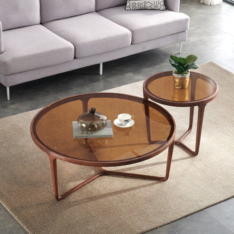 北美黑胡桃木圆形茶几钢化玻璃圆茶几意式设计师实木圆桌咖啡桌子