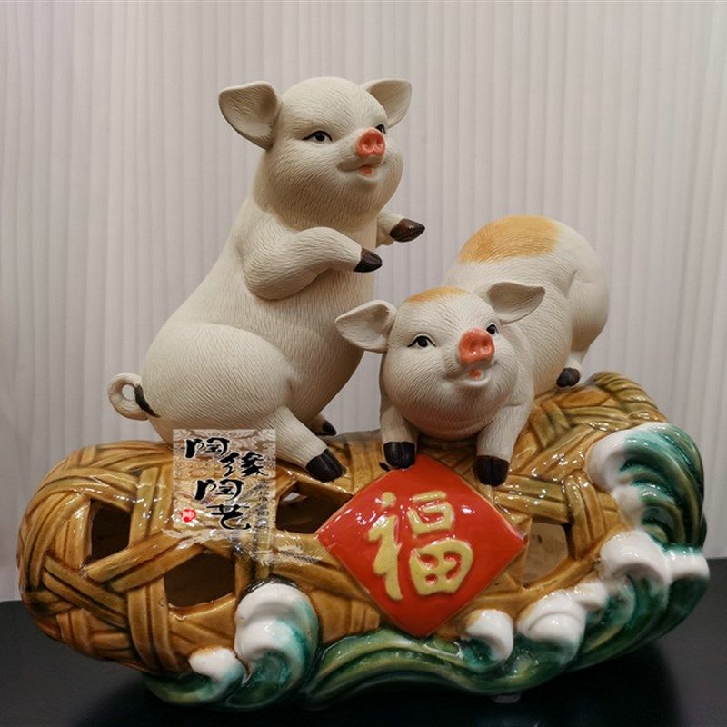 陶瓷工艺品 石湾公仔 生肖 猪 金猪献福 猪笼入水