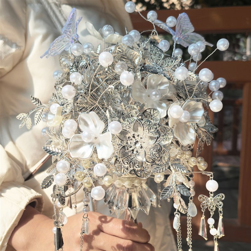 金色礼捧花中式新娘出嫁手工diy高级结婚捧物送女友婚纱银色手花