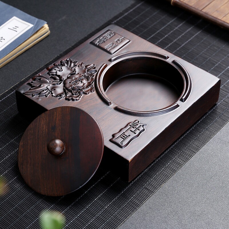 复古中式烟灰缸实木带盖烟缸家用办公室客厅防摔黑檀木烟灰缸大气