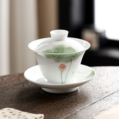 手绘墨画青荷三才盖碗茶杯高档泡茶碗带盖白瓷三件套功夫茶具套装