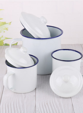 老式怀旧搪瓷茶缸泡茶杯白色搪瓷杯复古茶杯子带盖铁茶缸子搪瓷杯