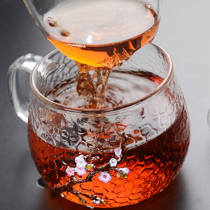 锤纹玻璃花茶杯三件带盖过滤办公玻璃杯