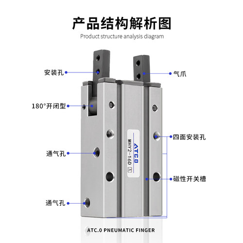 气动手指气缸气爪MHY2-10D/16D/20D/25D/32D2通孔180/45度开闭2