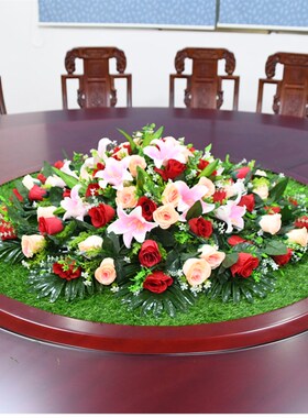 酒店圆形餐桌花电动转盘装饰花大圆桌草坪垫假花摆件餐厅摆放花艺