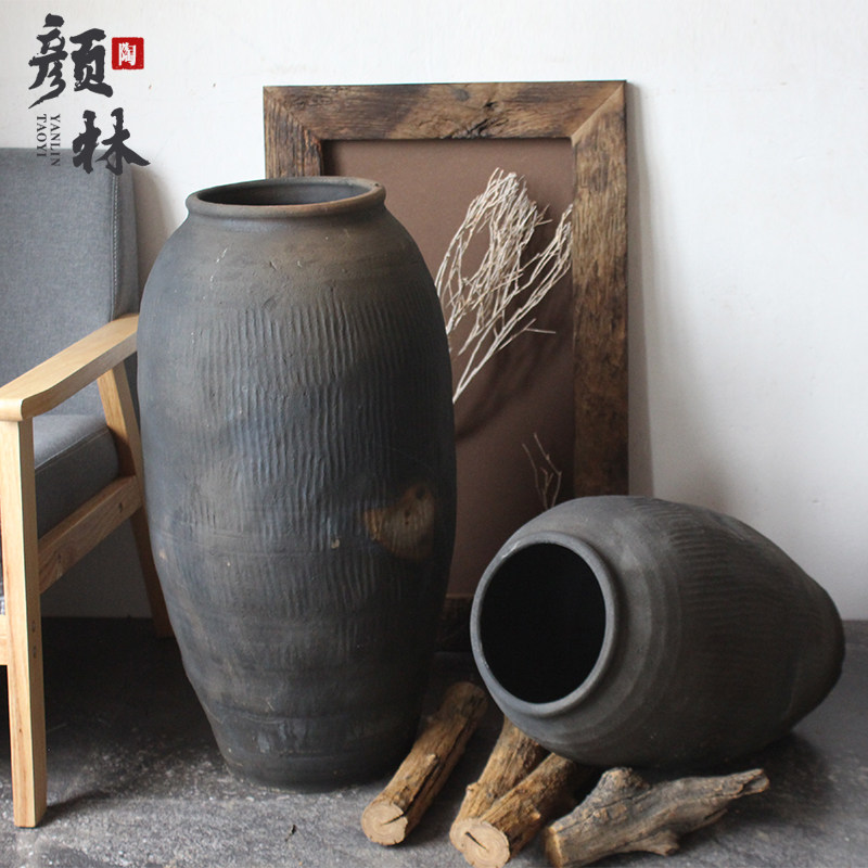 落地翁瓶黑高色新派设计复古陶罐花盆粗S瘦灰花瓶陶罐IN陶自然风