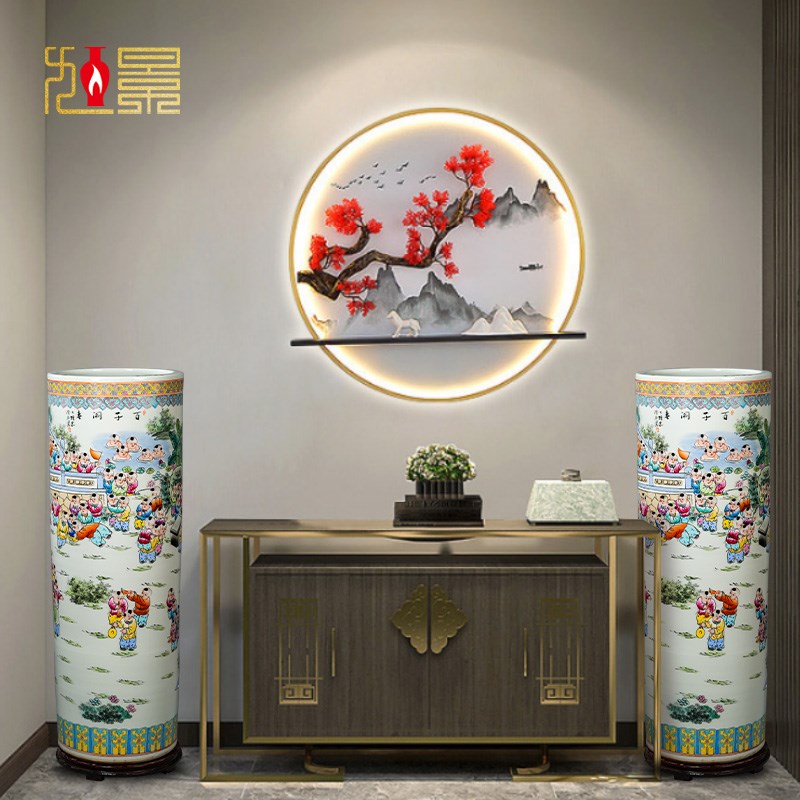 手绘百子图落地镇花瓶景德摆陶瓷玄关客厅中式大件乔迁送礼1.8米