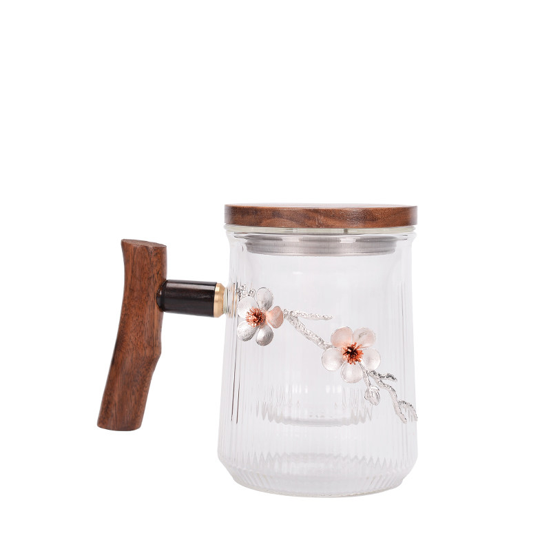 木把玻璃杯茶水分离花茶杯办公室梅花水杯家用耐热带盖带手把杯子
