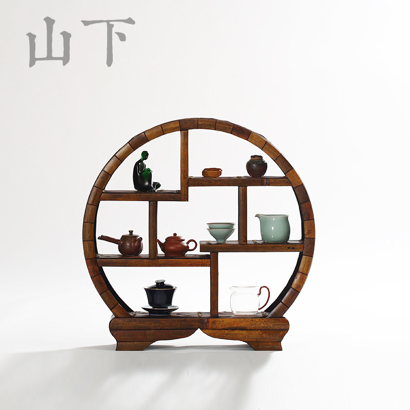 竹制仿古博古架多宝阁展示架仿古家具摆件古玩收藏架圆形复古茶棚