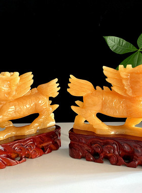天然米黄玉麒麟石件玉摆大号一对财宅招镇送子保平安家居装饰卧室
