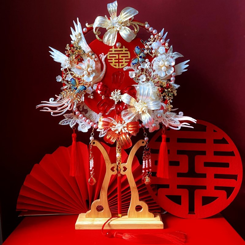 呦依新款秀扇成品双面双圈造花液龙扇diy材料包新娘结婚团凤喜禾