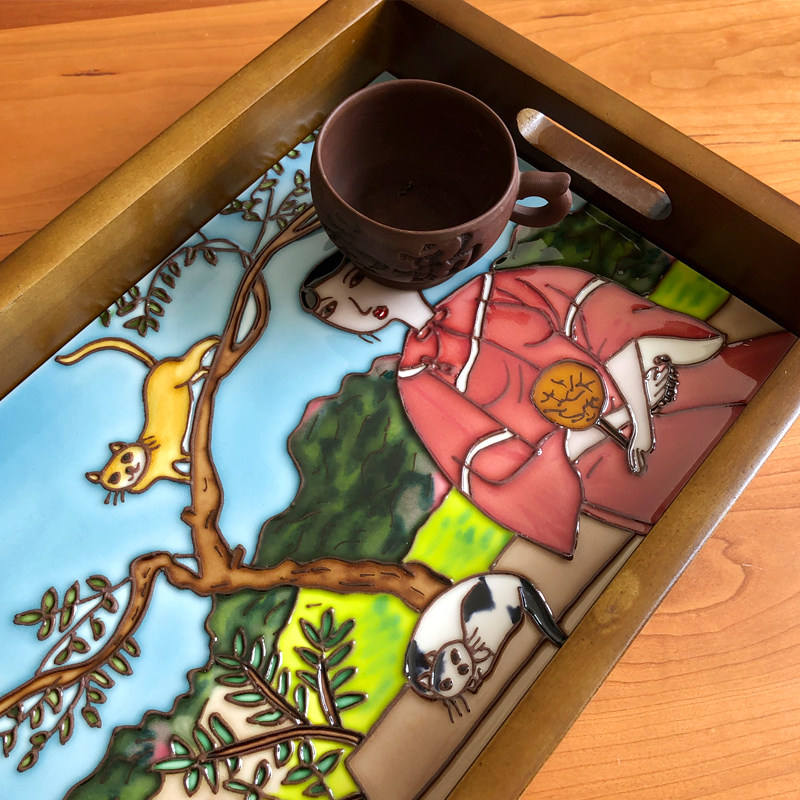 立体家绘陶瓷茶盘浮雕瓷板收镶嵌实木托盘茶具手居画纳盘木质餐盘