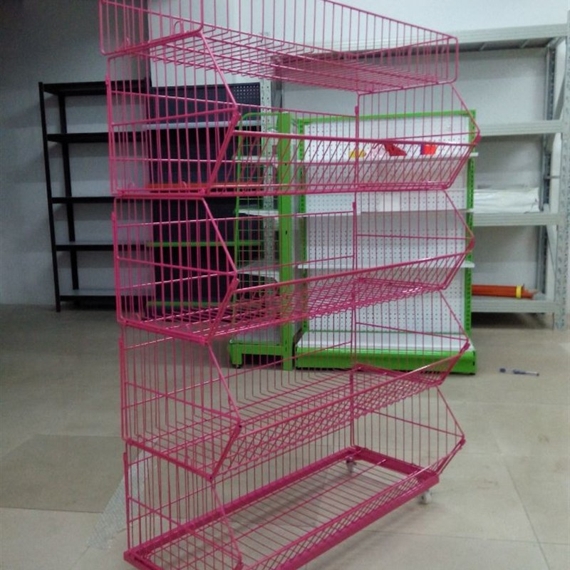 超市电镀斜口篮零食架超市货架面包架玩具展示架带轮子药店促销架