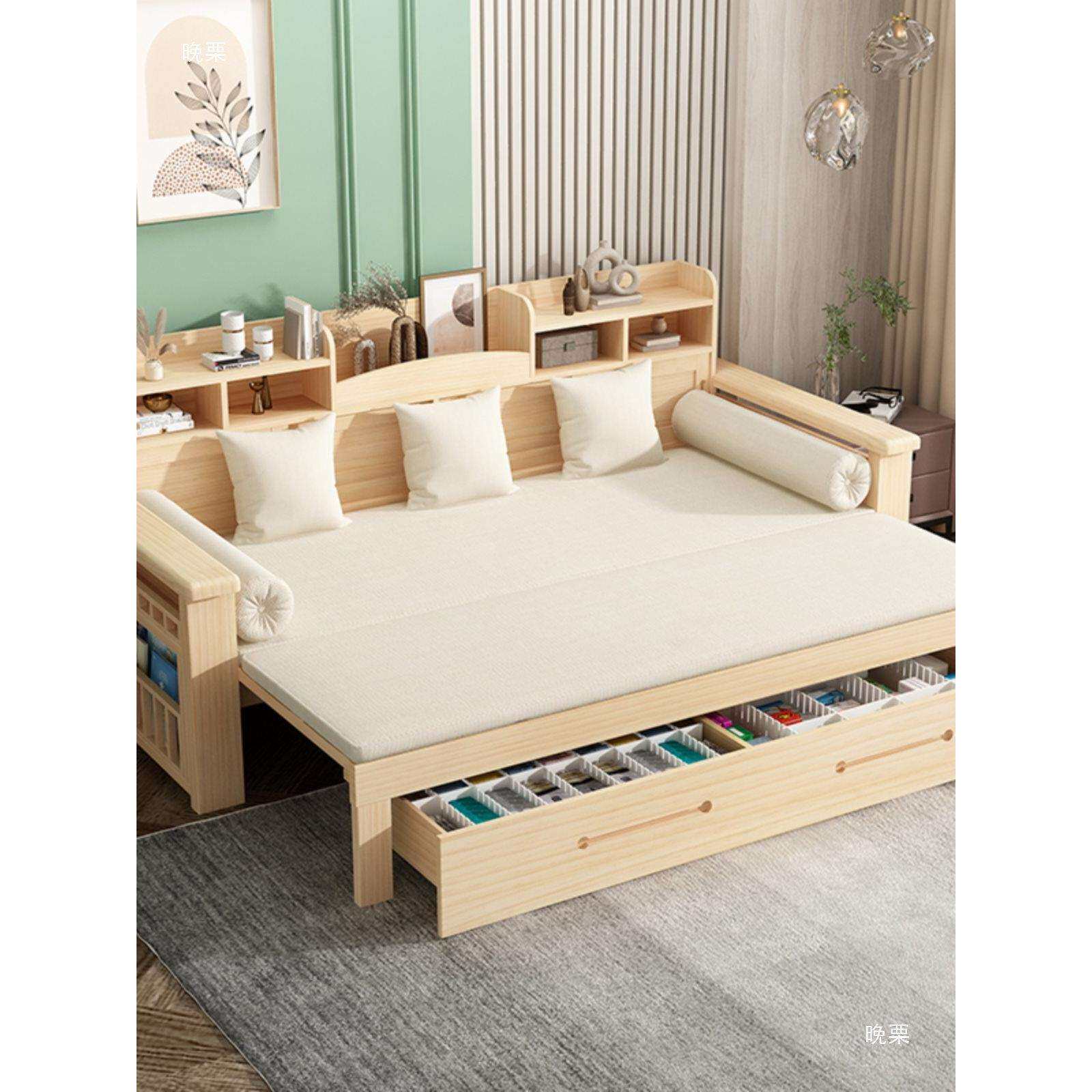 实木沙发床可折叠简约现代客厅小户型多功能带储物柜推拉坐卧两用