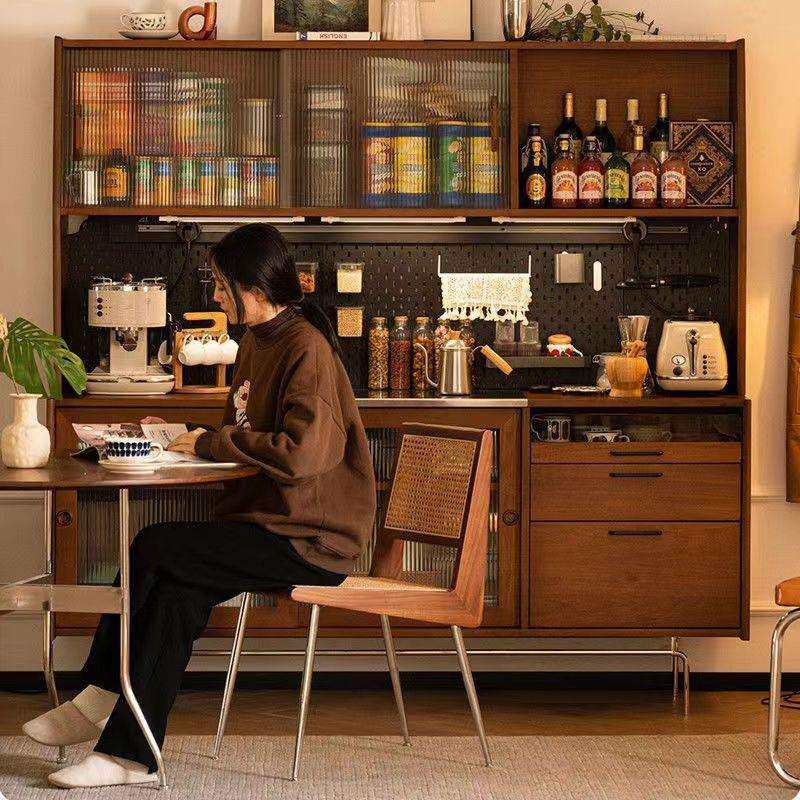 实木餐边柜复古洞洞板高柜一体靠墙柜北欧家用酒柜日式厨房储物柜