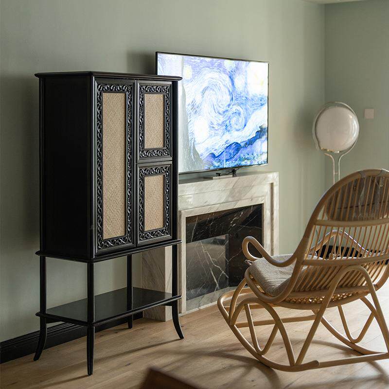 复古实木雕花玄关柜靠墙储物柜黑色电视边柜藤编新中式小户型