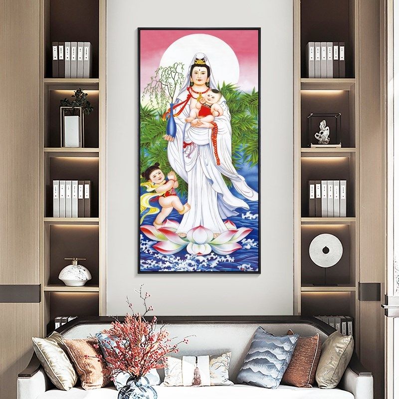 南海观音挂画送子观音装饰画观世音菩萨画像佛堂供奉家用客厅壁画