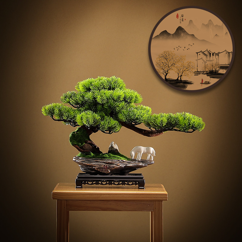 仿真盆景假松树迎客松小摆件酒店办公室绿植茶桌客厅玄关软装饰品