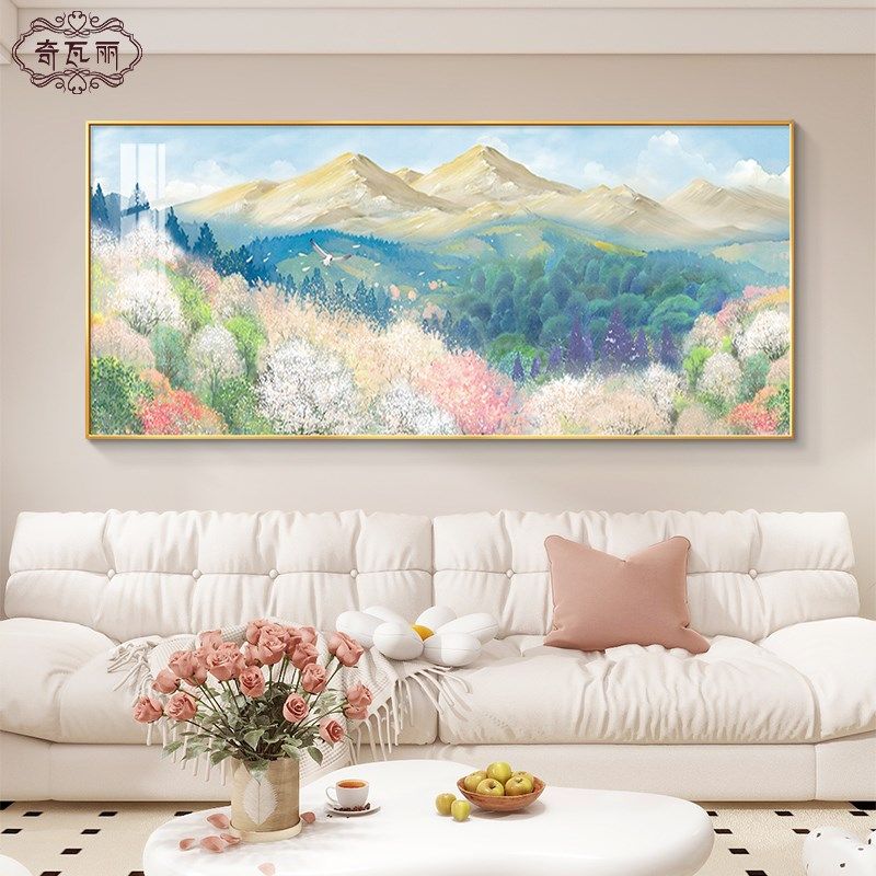 背靠金山客厅装饰画横幅山水风景油画沙发背景墙挂画2024新款壁画